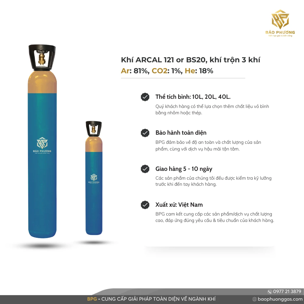 Khí ARCAL 121 or BS20, khí trộn 3 khí Ar 81%, CO2 1%, He 18%