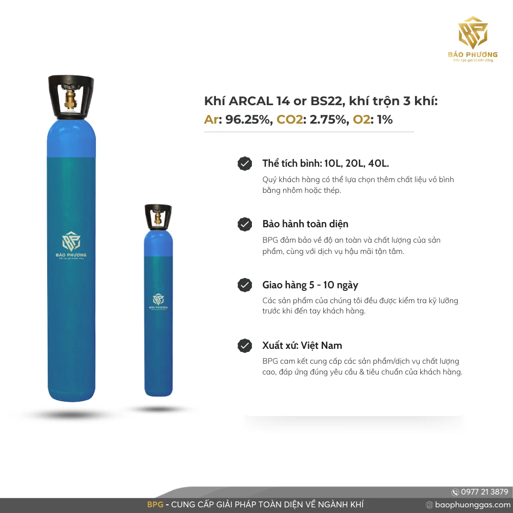 Khí ARCAL 14 or BS22, khí trộn 3 khí Ar 96.25%, CO2 2.75%, O2 1% (1)