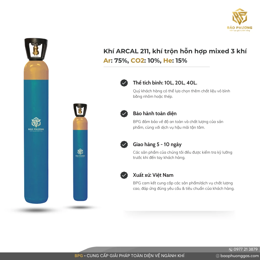 Khí ARCAL 211, khí trộn hỗn hợp mixed 3 khí Ar 75%, CO2 10%, He 15%