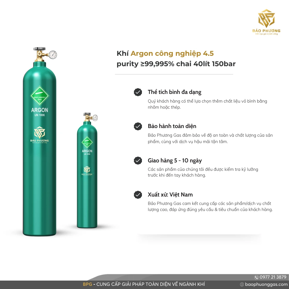 Khí Argon công nghiệp 4.5 purity ≥99,995% chai 40lít 150bar