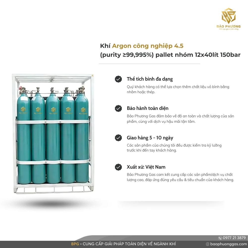 Khí Argon công nghiệp 4.5 (purity ≥99,995%) pallet nhóm 12x40lít 150bar