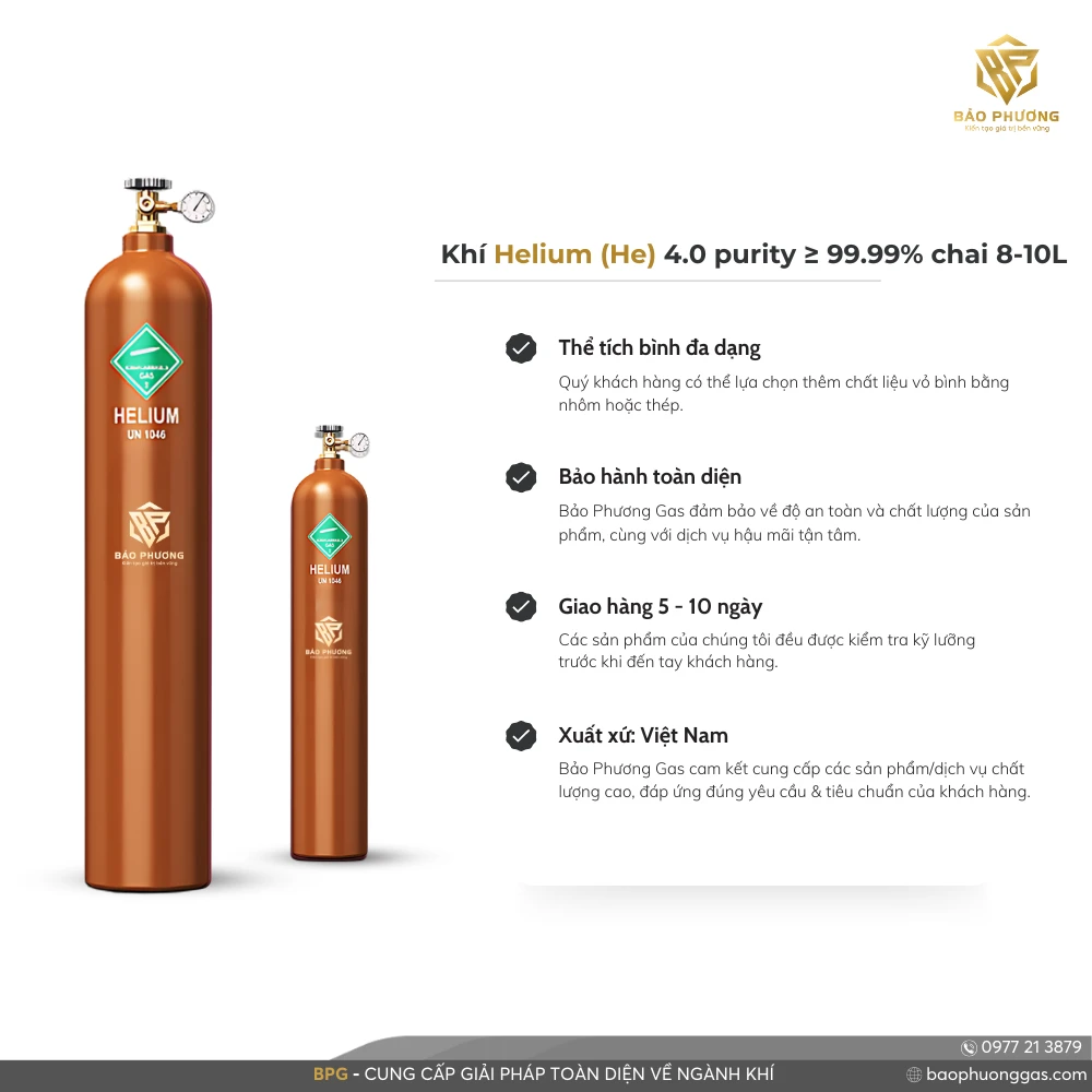 Khí Helium 4.0 purity ≥ 99.99% chai 8-10L