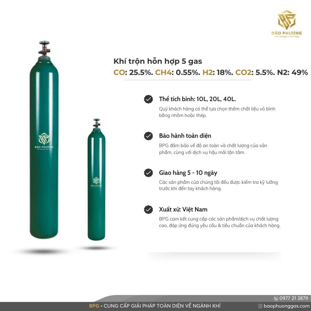 Khí trộn hỗn hợp 5 gas CO 25.5%. CH4 0.55%. H2 18%. CO2 5.5%. N2 49%