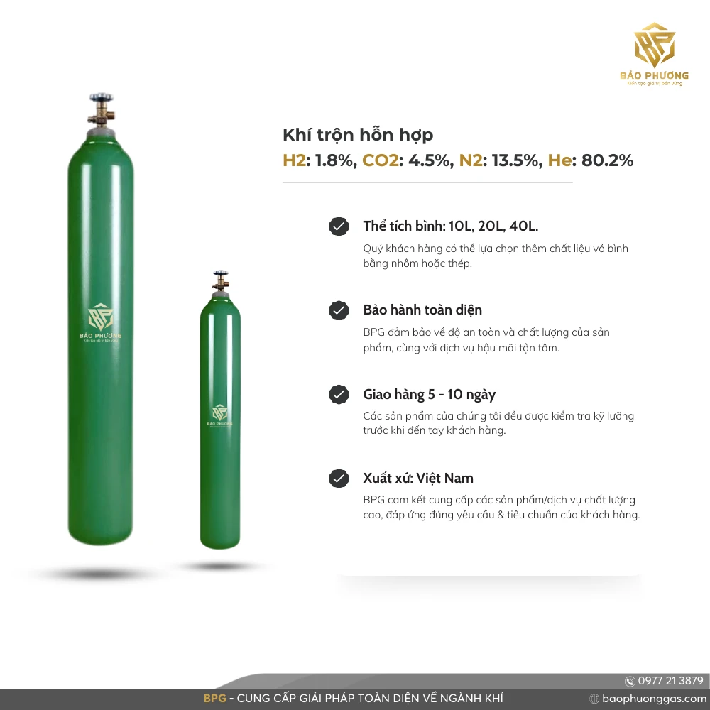 Khí trộn hỗn hợp H2 1.8%, CO2 4.5%, N2 13.5%, He 80.2%