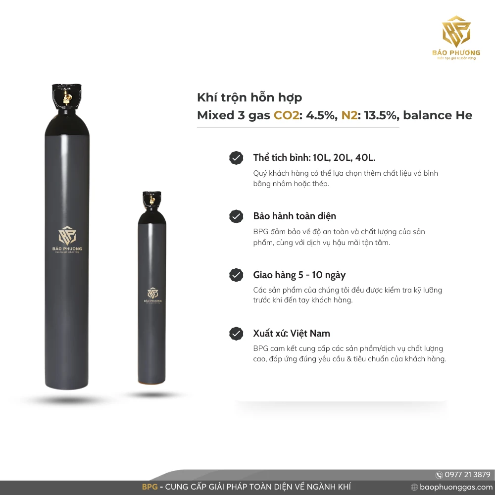 Khí trộn hỗn hợp Mixed 3 gas CO2 4.5%, N2 13.5%, balance He