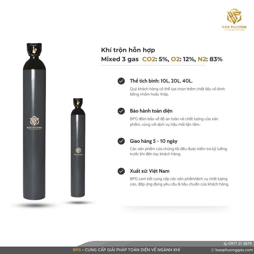 Khí trộn hỗn hợp Mixed 3 gas CO2 5%, O2 12%, N2 83%