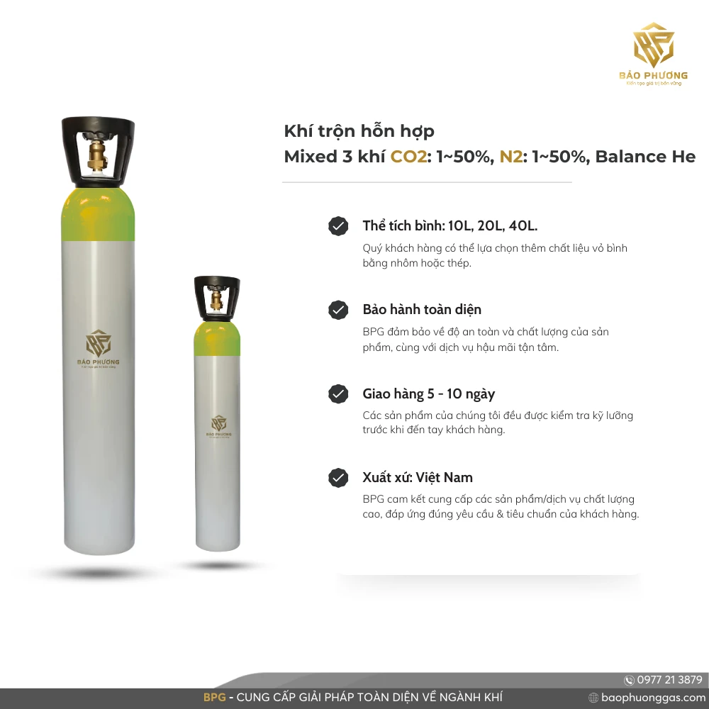 Khí trộn hỗn hợp Mixed 3 khí CO2 1~50%, N2 1~50%, Balance He